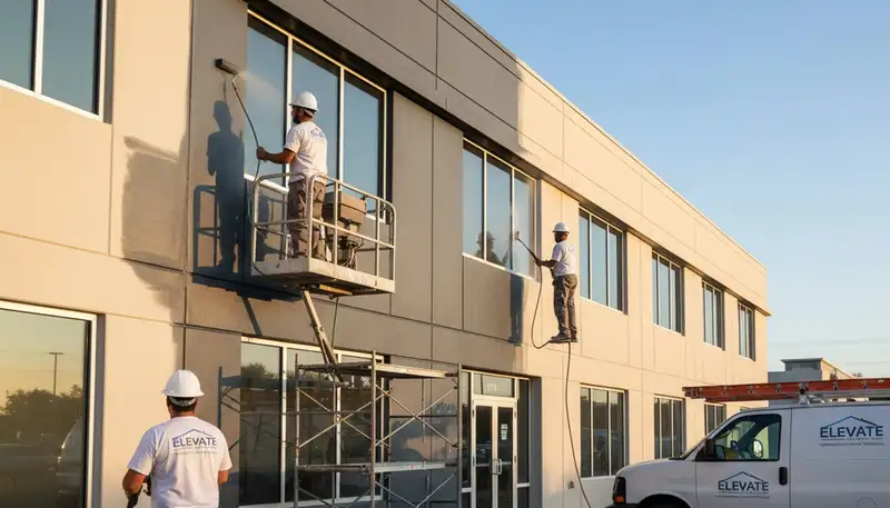 Professional commercial painters in Tampa FL finishing business exterior with durable paint