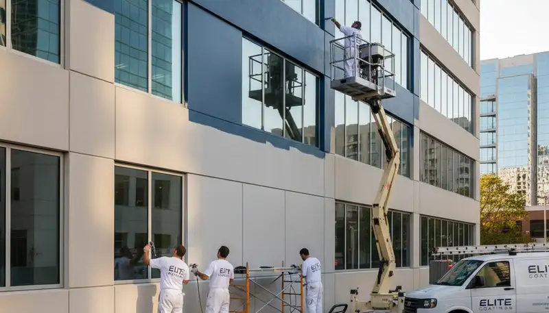 Professional commercial painters finishing office exterior in Tampa, FL for durable, high-quality results