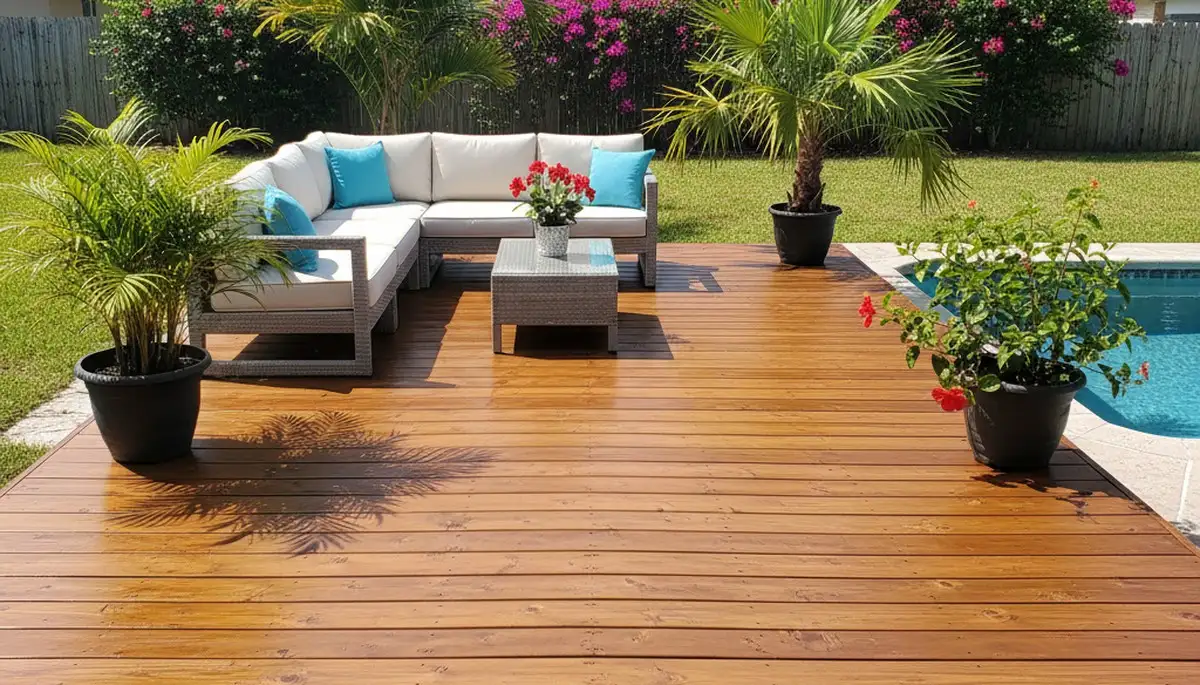 Finished deck staining in Tampa FL showcasing rich wood color and weather-protective finish by local painters