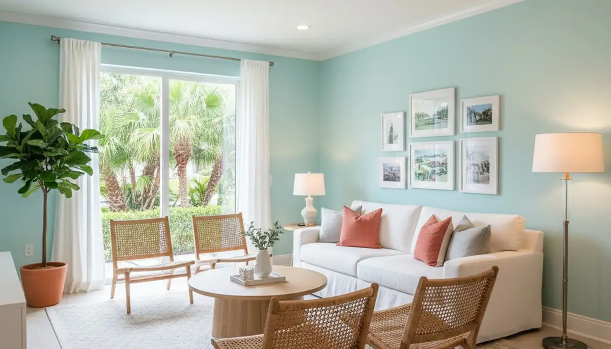 Freshly painted Tampa, FL living room with smooth interior finishes by expert house painters