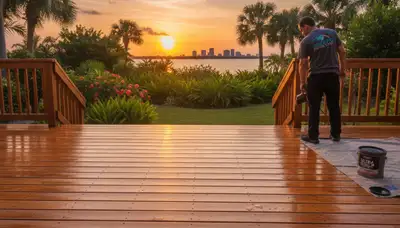 Professional deck staining in Tampa FL enhancing wood color and protecting outdoor decks from sun and moisture