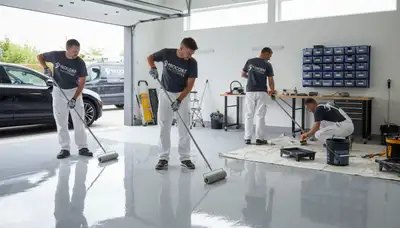 Epoxy garage floor coating by professional painters in Tampa, FL for durable, polished concrete finish