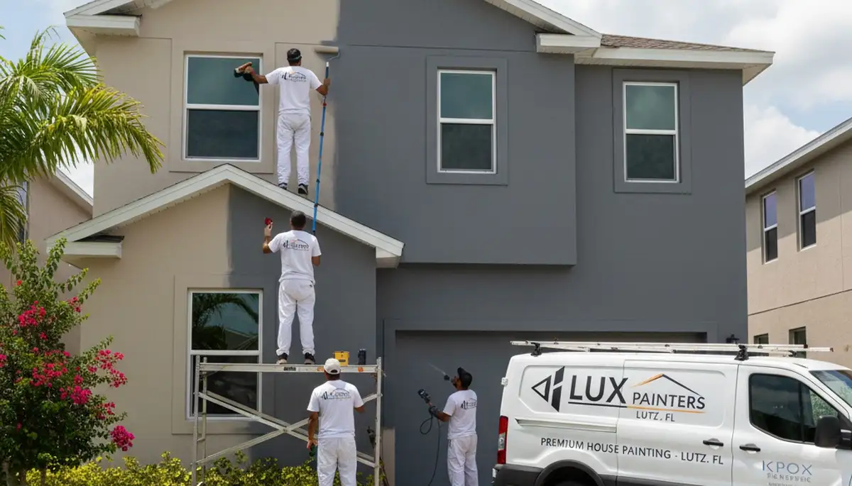 Professional house painters working on exterior home repaint in Tampa FL