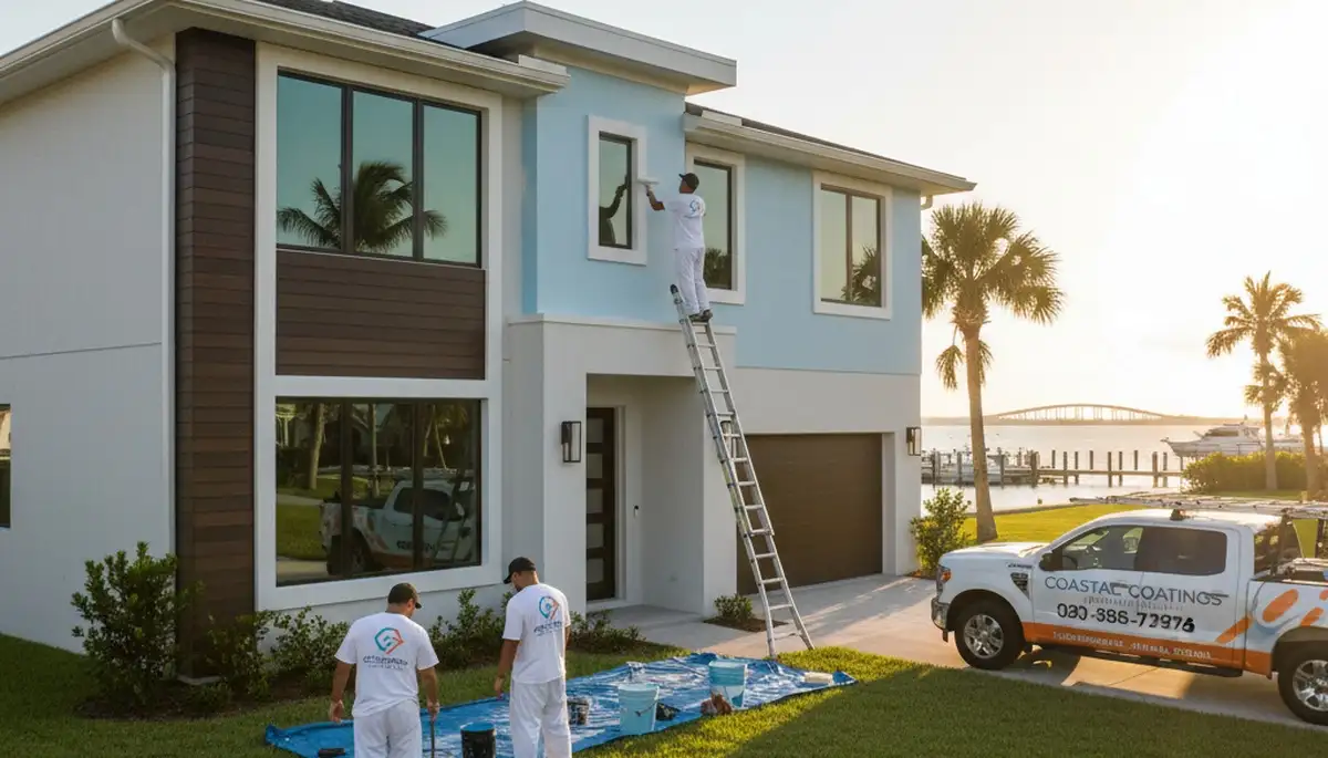 Professional house painters in Tampa FL applying exterior paint to a residential home façade