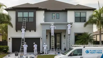 Professional house painters working on exterior home in Tampa, FL