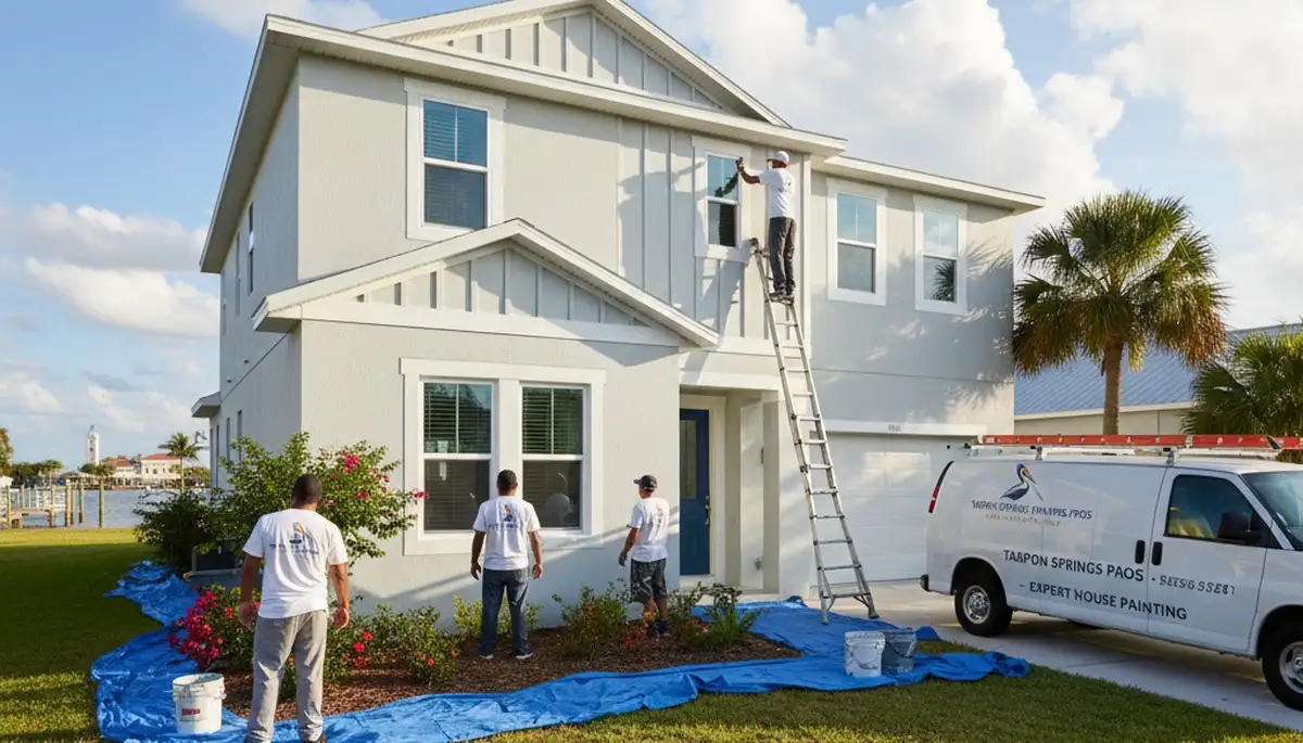 Professional house painters working on exterior home repaint in Tampa, FL