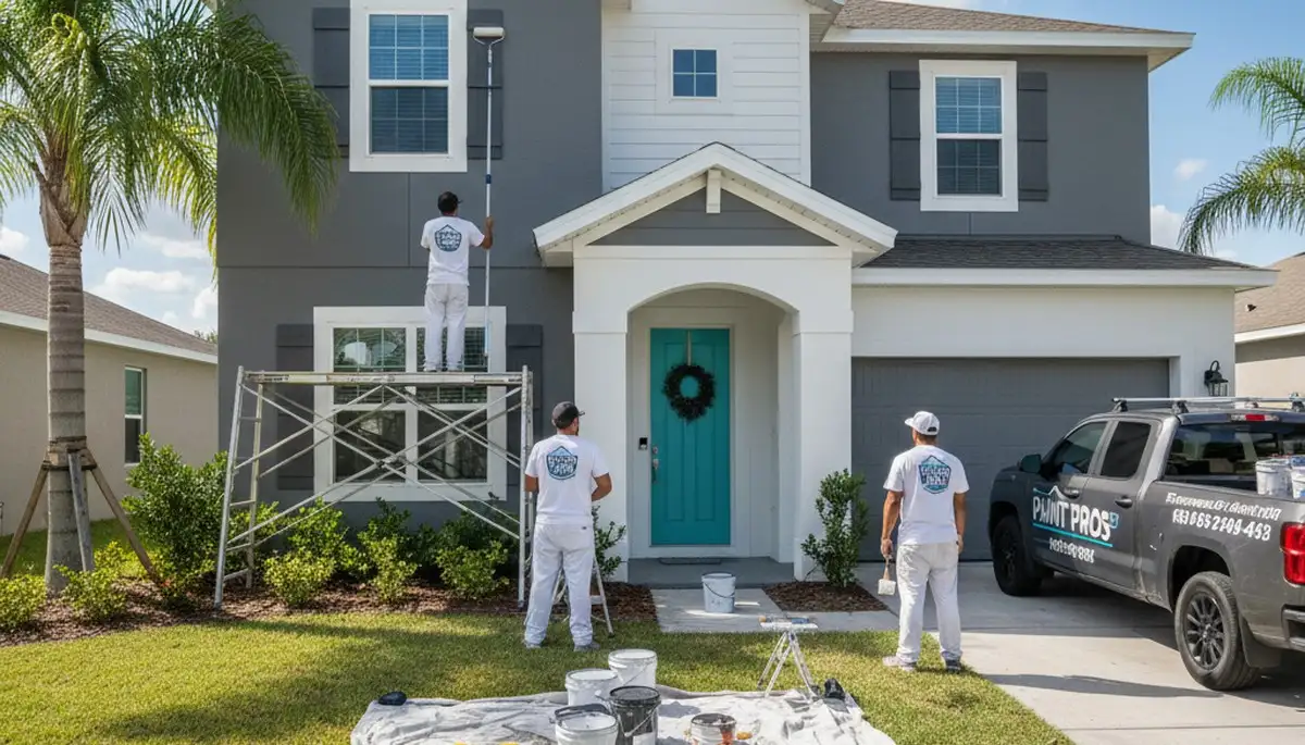 Professional house painters in Tampa FL applying exterior paint to a residential home façade