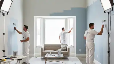 Professional interior house painters finishing living room walls in Tampa, FL