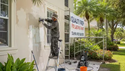 Professional painters prepping exterior surface for new paint on Tampa, FL home