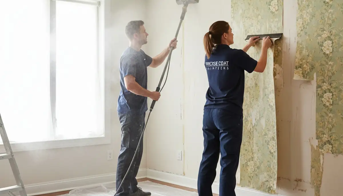 Professional wallpaper removal in Tampa FL by expert house painters prepping interior walls